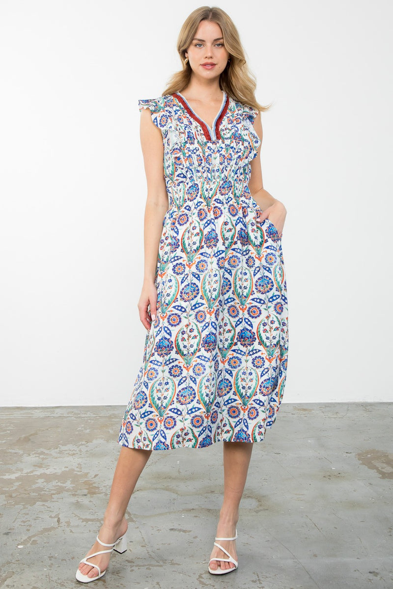 Trimmed Vneck Ruffle Sleeve Flower Print Maxi Dress Blue