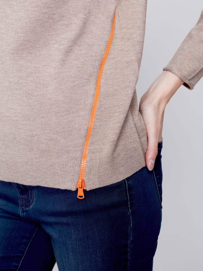 Asymmetric Contrast Zip Detail Knit Sweater Truffle