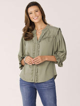 Lantern Sleeve Ruffle Buttoned Yoke Shirt Oregano