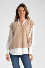 Solid Under Shirt Sweater Vest Top Taupe + White