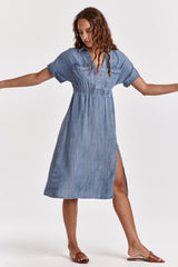 Erika Collared Slit Skirt Midi Dress Independence Blue