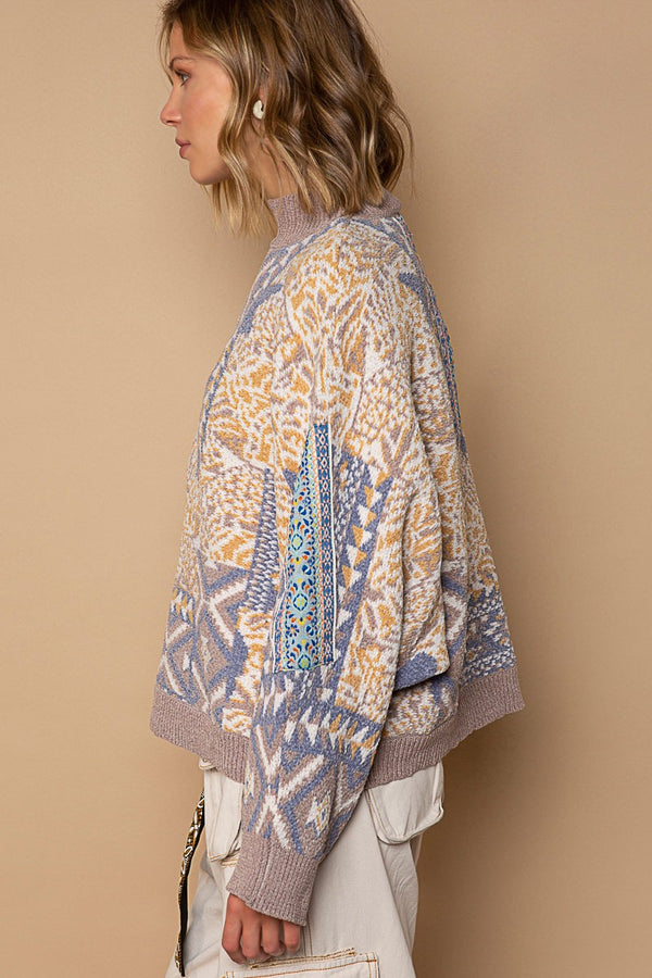 Mock Neck Multi Patterns Sweater