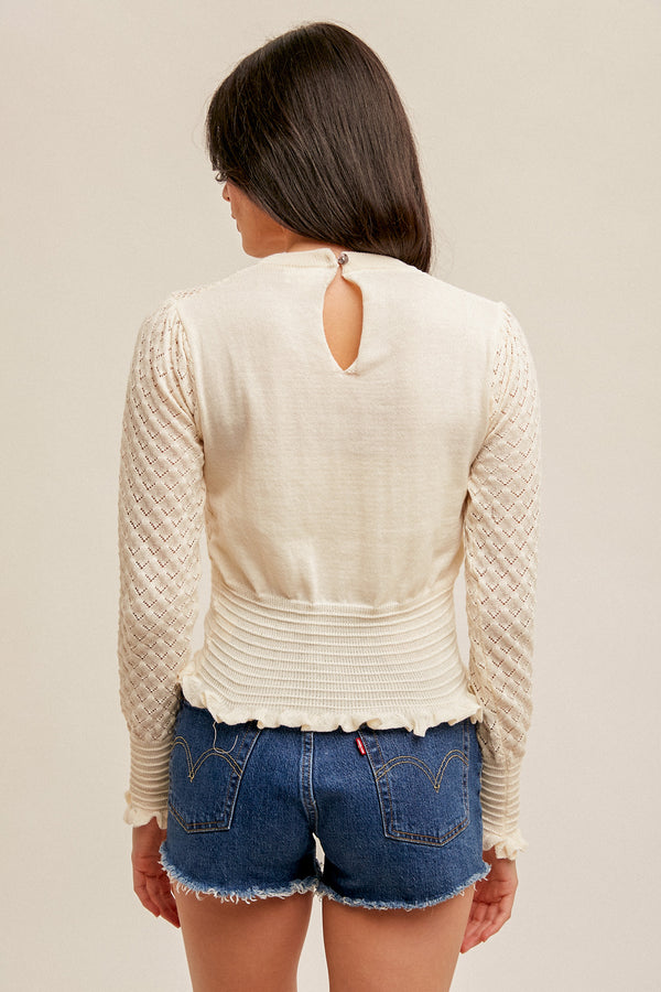 Pointelle Mix Texture Bubble Sleeve Sweater Top