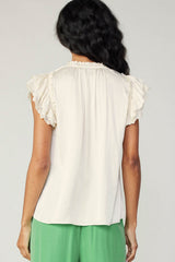 Lace Trim Ruffle Cap Sleeve Blouse Cream