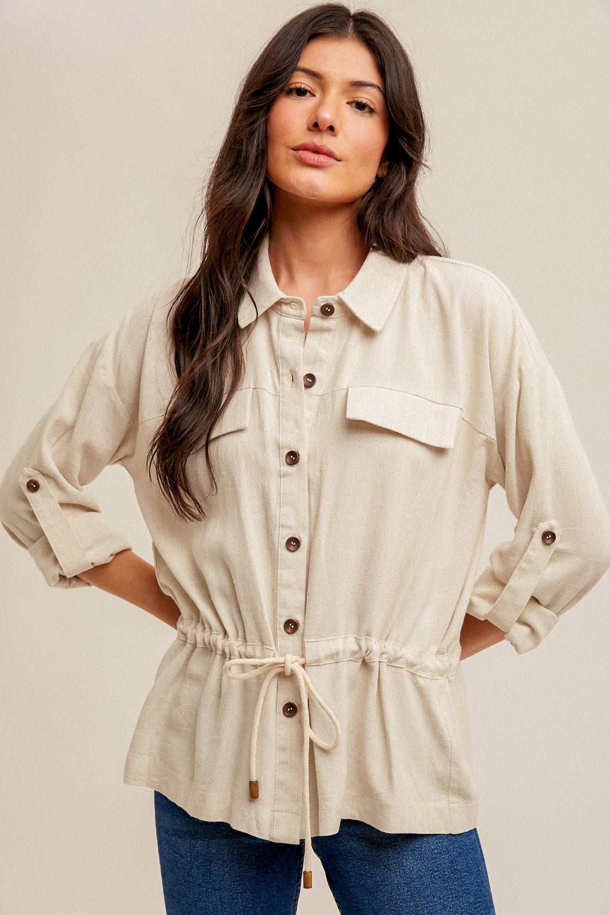 Drawstring Waist Buttoned Tab Sleeve Jacket Oatmeal