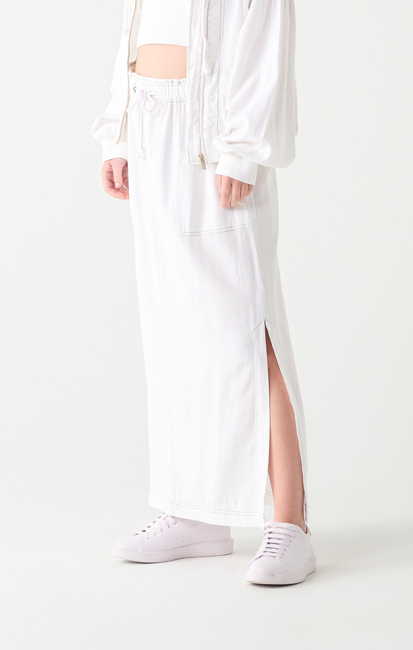 Contrast Stitch Tie Waist Maxi Skirt White Wash