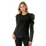 Mesh Metallic Puff Long Sleeve Top  Black