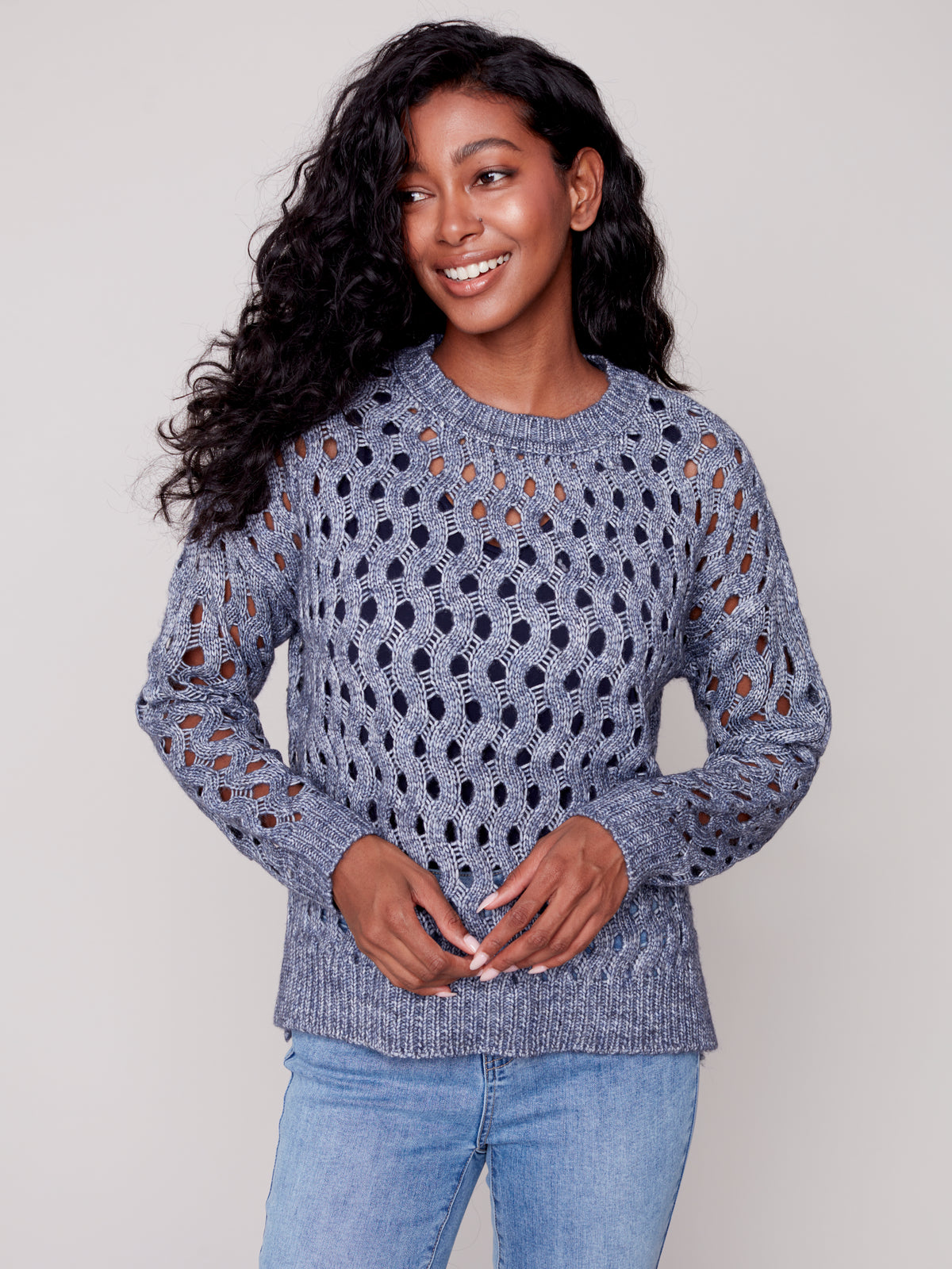 Plushy Wavy Net Stitch Sweater Heather Denim