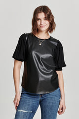 Marlowe Puff Sleeve Leather Contrast Top Black