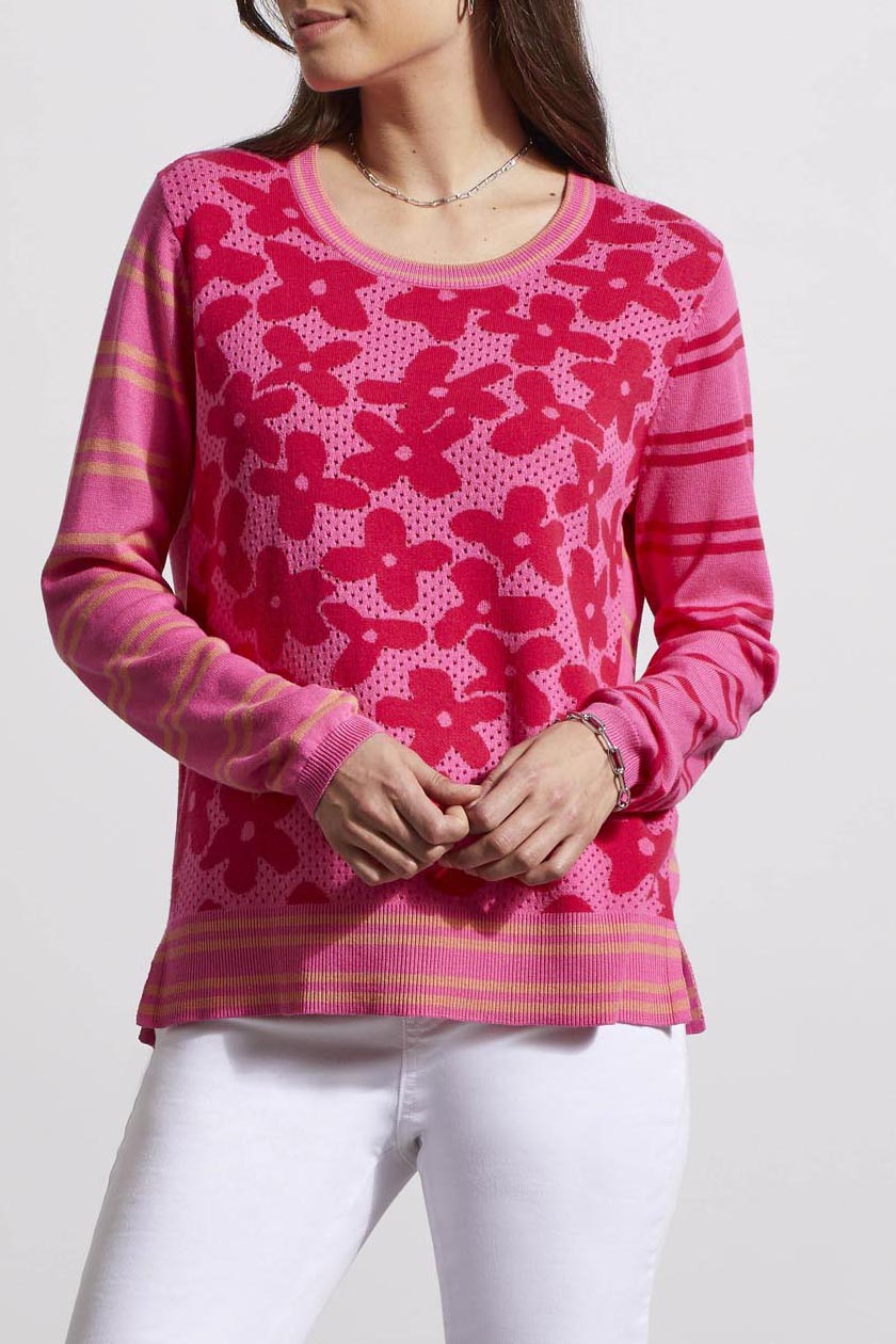 Mod Floral Stripe Contrast Sweater Hi Pink Multi