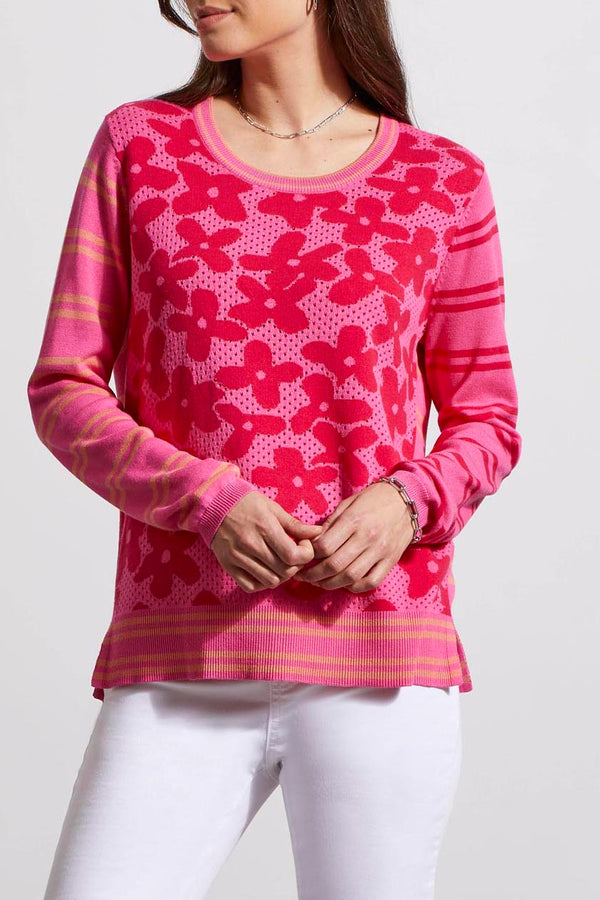 Mod Floral Stripe Contrast Sweater  Hi Pink Multi