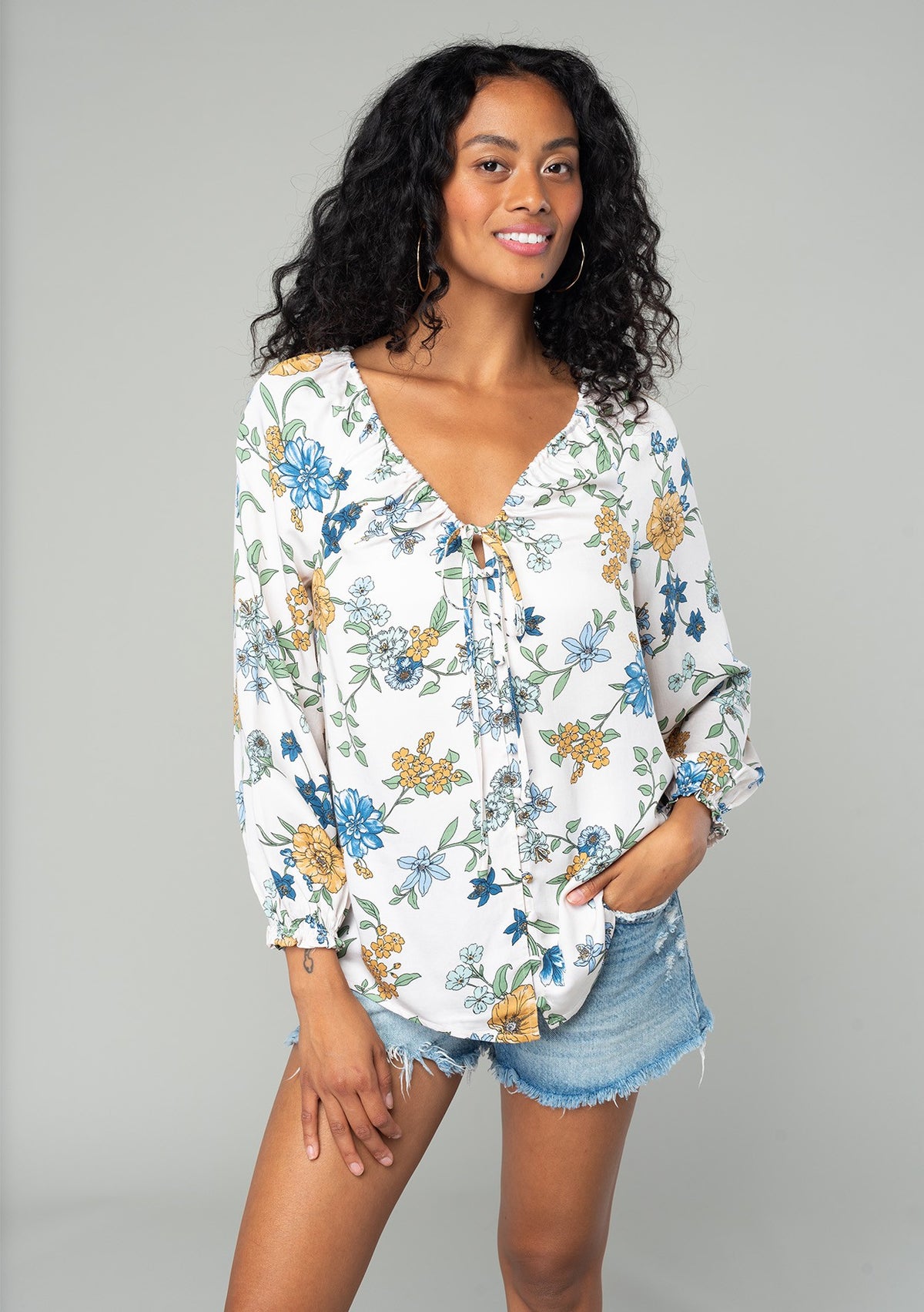 Floral Long Sleeve Tied Deep V Neck Blouse Natural + Mustard
