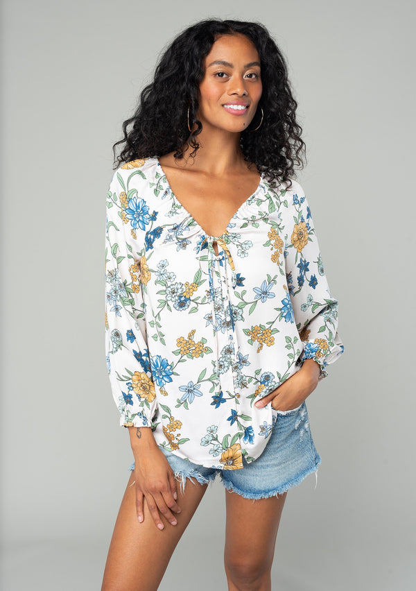Floral Long Sleeve Tied Deep V Neck Blouse