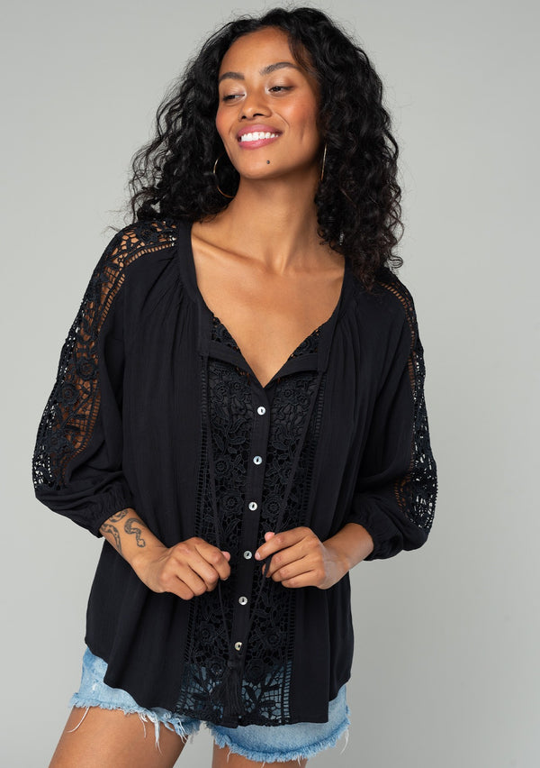 Floral Lattice Trim Split Neck Long Sleeve Blouse