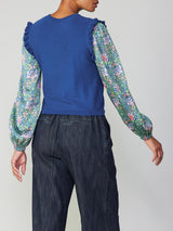 Lotus Floral Sleeve Ruffle Shoulder Knit Top Green + Blue Multi