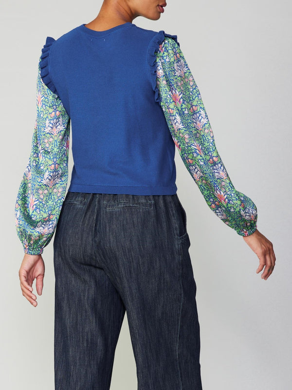 Lotus Floral Sleeve Ruffle Shoulder Knit Top Green + Blue Multi