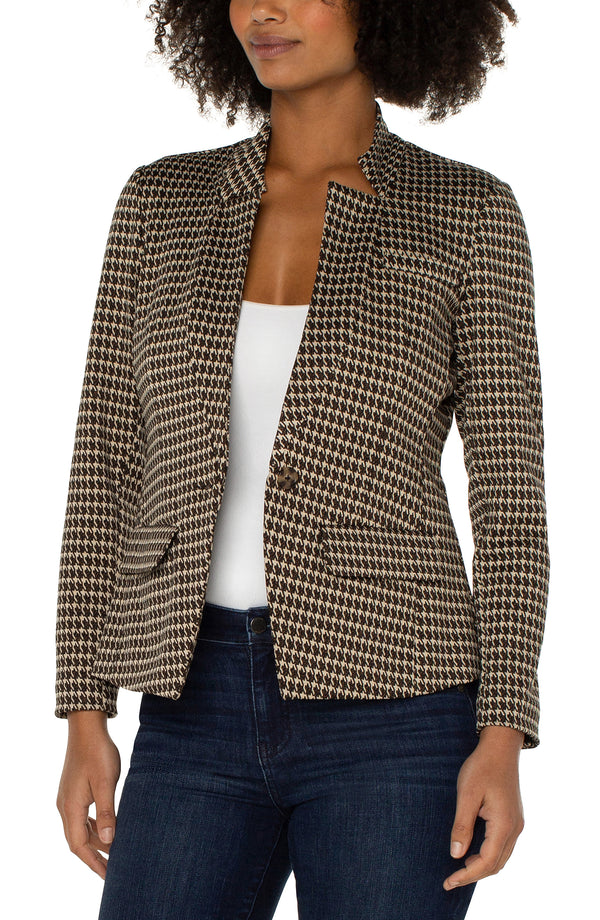 One Button Blazer Tan + Brown Houndstooth
