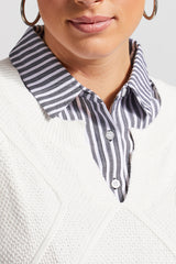 Button Up Fooler Collar Black Stripe