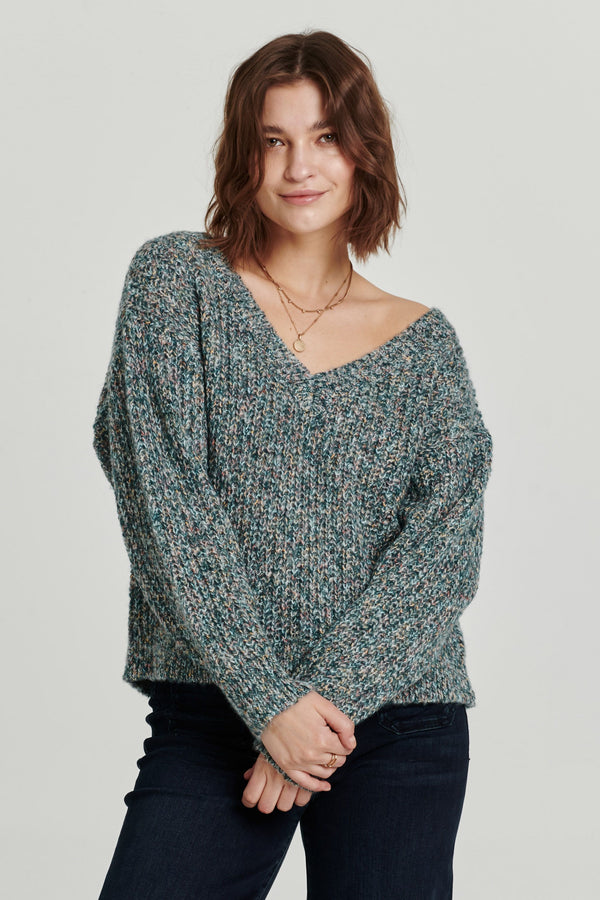Rue Chunky Knit Vneck Sweater Spruce Melange