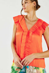 Pleated Ruffle Trim Button Detail Blouse Orange Red