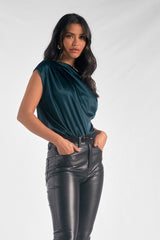 Drape Off Shoulder Satin Top Green Pine