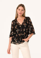 Sheer Floral Half Flutter Sleeve Buttons Blouse Black + Peach
