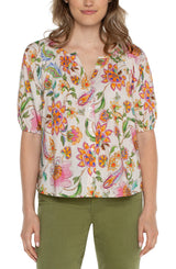 Woven Shirred Printed Button Front Top Pink Multi Floral