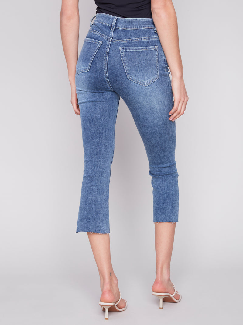 Curved Fray Hem 5 Pocket Stretch Jeans Medium Blue