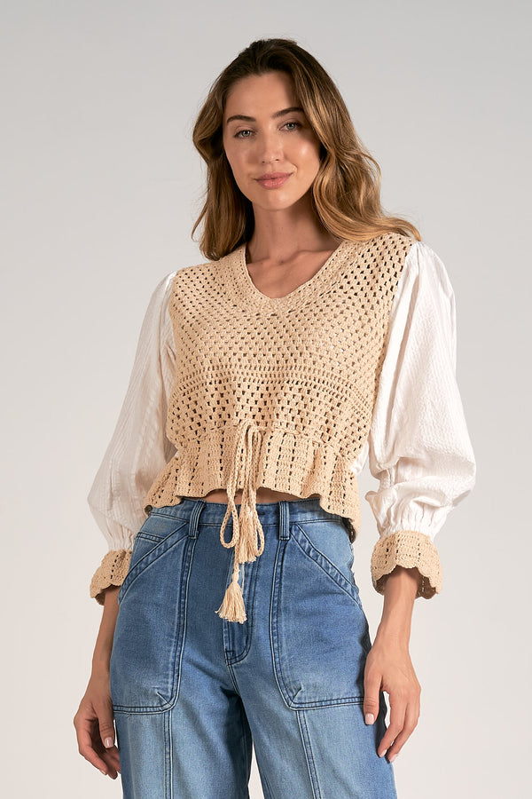 Tied Sweater Crochet Gauze Combo Top White