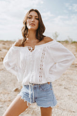 Crochet Piping Tied Vneck Long Sleeve Blouse White