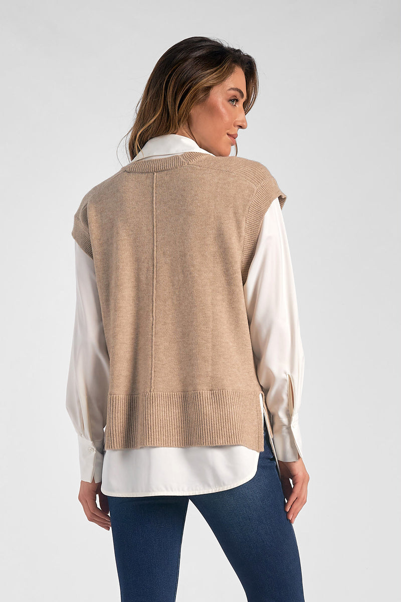 Solid Under Shirt Sweater Vest Top Taupe + White