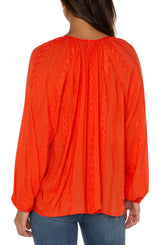 Tonal Embroidered Shirred Tassel Blouse Coral Blaze