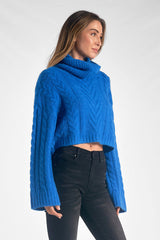 Cropped Textured Knit Turtleneck Sweater Indigo