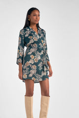 Belted Wrap Collared Long Sleeve Dress Green Floral