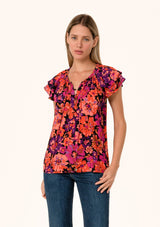 Floral Layered Double Flutter Sleeve Top Black + Fuchsia