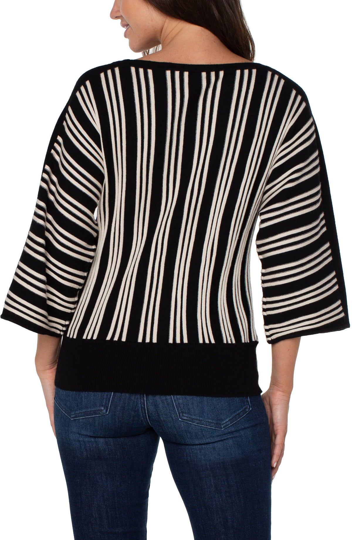 Vertical Stripe Detail 3/4 Dolman Sleeve Sweater Black + Ecru Stripe