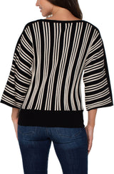 Vertical Stripe Detail 3/4 Dolman Sleeve Sweater Black + Ecru Stripe