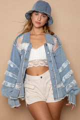 Sheer Lace Paneled Emb. Pocket Denim Jacket Denim