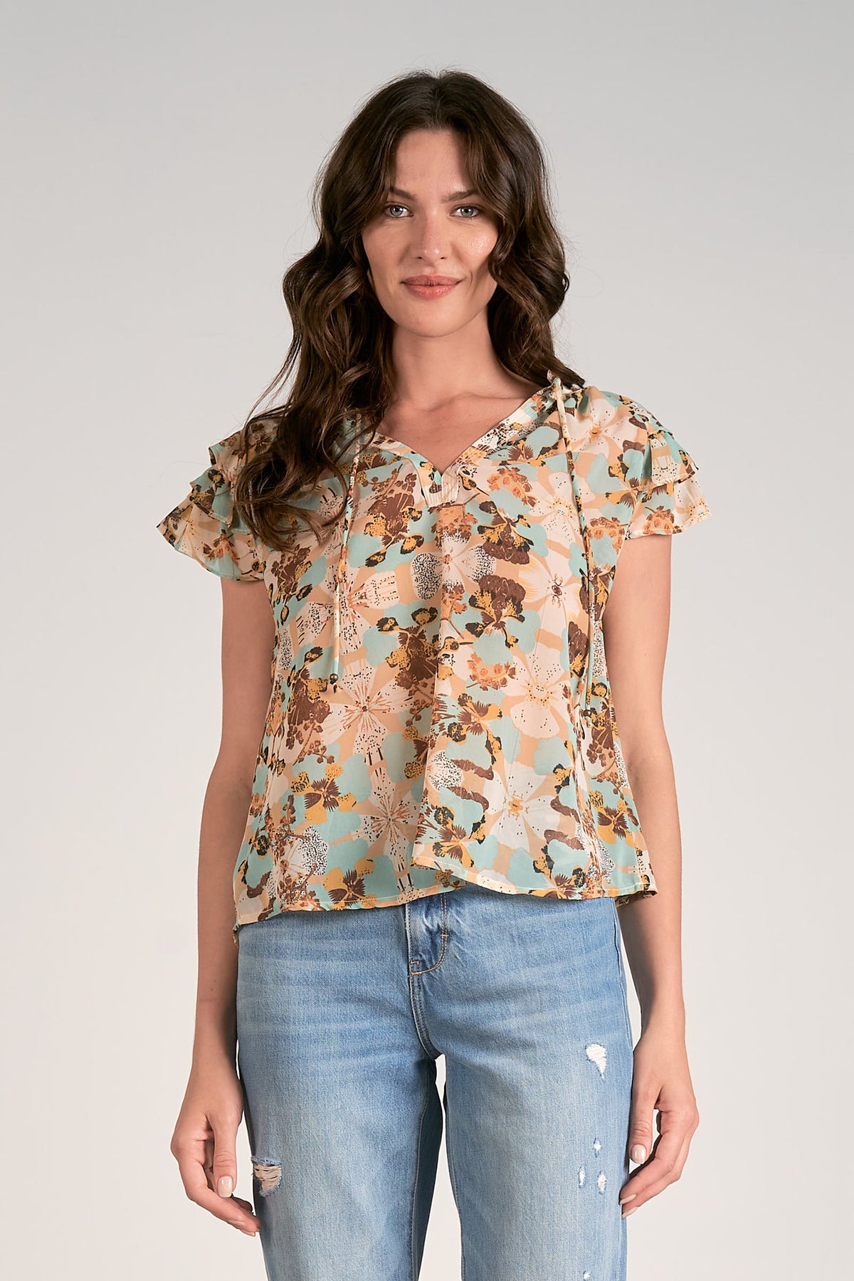 Tie Neck Double Flutter Printed Top White Blue Orchid