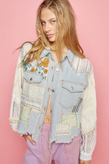 Mix Textured Print Patchwork Denim Jacket Light Denim
