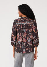 Floral 3/4 Sleeve Tie Neck Buttons Blouse Brown + Dusty Lilac