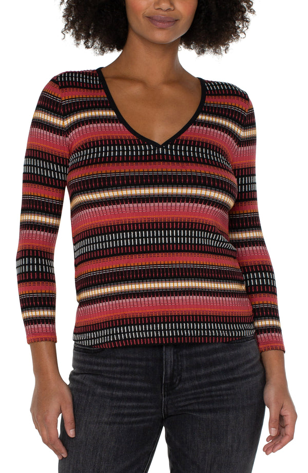 3/4 Sleeve Vneck Contrast Knit Top Multi Cranberry Stripe
