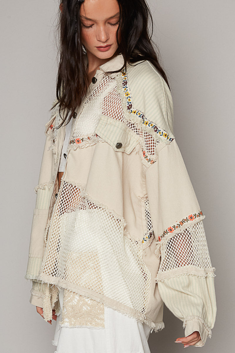 Fray Detail Stripe Fishnet Patchwork Jacket Natural Multi