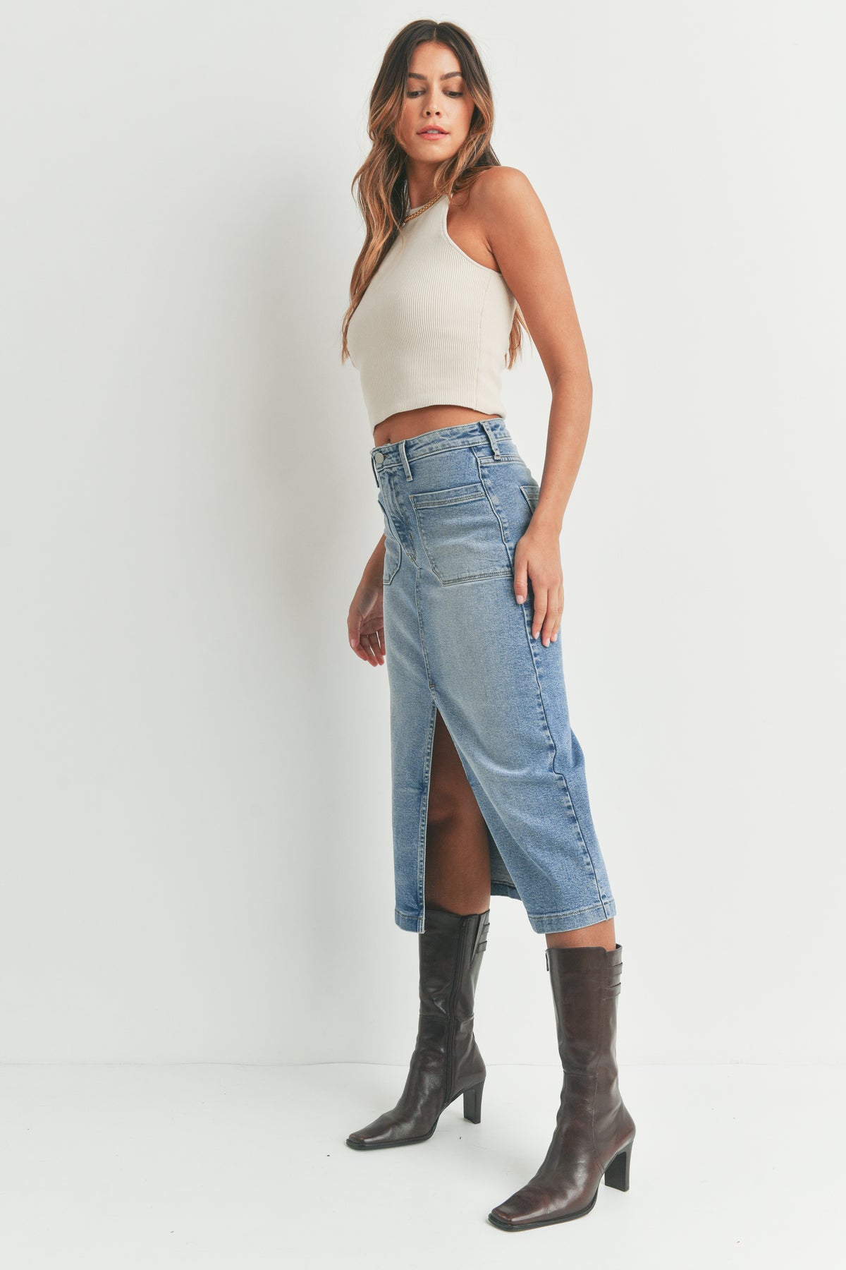 Utility Pocket Denim Midi Skirt Medium Denim