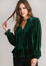 Ruffle Detail Texture Sleeve Velvet Peplum Top Hunter Green