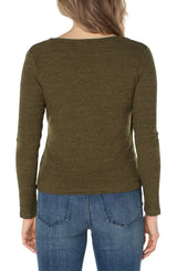 Long Sleeve Drape Front Knit Top Olive Melange