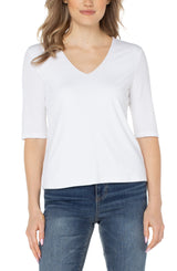 Double Layer 1/2 Sleeve Rib V Neck Top Cream