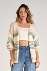 Sweater Knit Multi Stripe Open Cardi Natural + Sage
