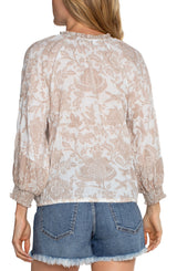 3/4 Sleeve Tie Neck Raglan Top Tan + White Floral