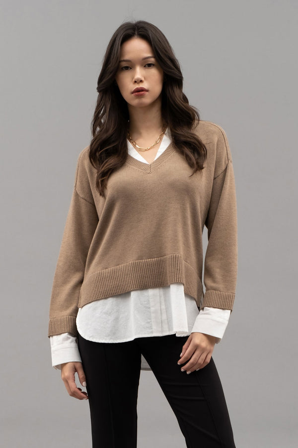 Layered Vneck Long Sleeve Sweater Tan